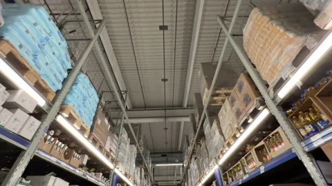 Large grocery warehouse interior with many food products on the shelves Stock Footage 201220300