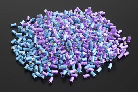 Large group of batteries on a black background. 3d render illustration. Stock Illustration
