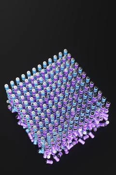 Large group of batteries on a black background. 3d render illustration. Stock Illustration