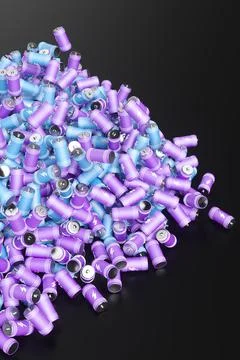 Large group of batteries on a black background. 3d render illustration. Stock Illustration