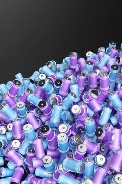 Large group of batteries on a black background. 3d render illustration. Stock Illustration