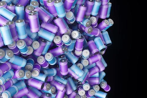 Large group of batteries on a black background. 3d render illustration. 스톡 일러스트