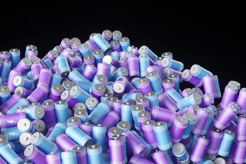 Large group of batteries on a black background. 3d render illustration. Stock Illustration