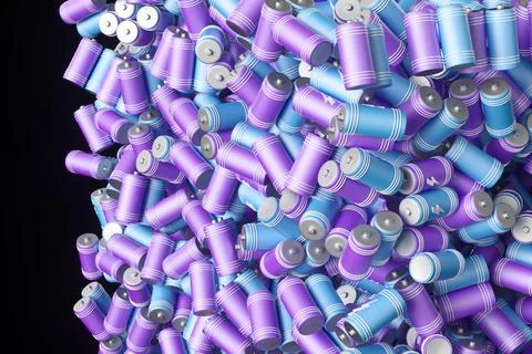 Large group of batteries on a black background. 3d render illustration. Stock Illustration