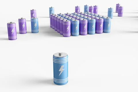 Large group of batteries on a white background. 3d render illustration. 스톡 일러스트
