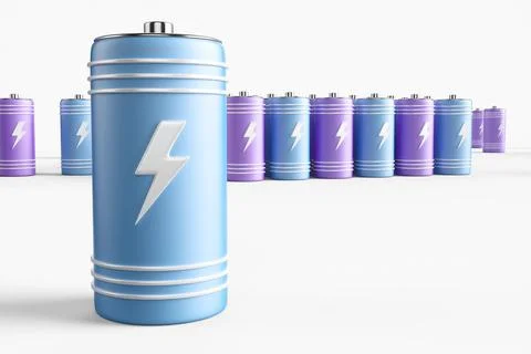 Large group of batteries on a white background. 3d render illustration. Stock Illustration