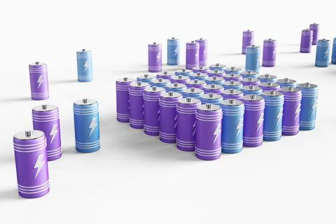 Large group of batteries on a white background. 3d render illustration. Stock Illustration