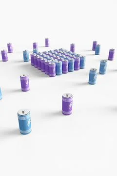 Large group of batteries on a white background. 3d render illustration. Stockillustratie
