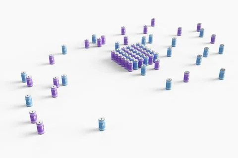 Large group of batteries on a white background. 3d render illustration. Stock Illustration