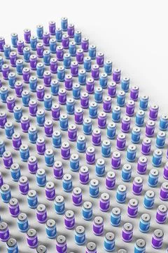 Large group of batteries on a white background. 3d render illustration. Illustrazione stock