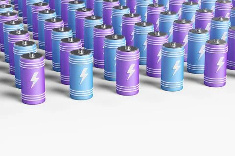 Large group of batteries on a white background. 3d render illustration. 스톡 일러스트