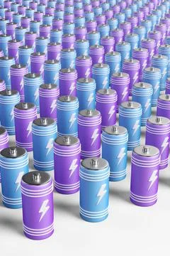 Large group of batteries on a white background. 3d render illustration. Stock Illustration