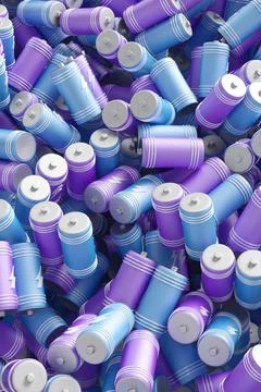 Large group of batteries on a white background. 3d render illustration. Stock Illustration