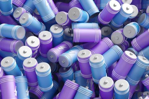 Large group of batteries on a white background. 3d render illustration. Illustrazione stock