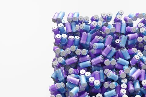 Large group of batteries on a white background. 3d render illustration. Stock Illustration