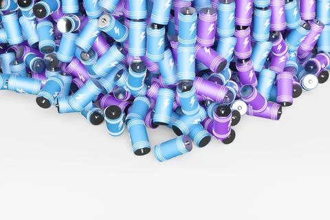 Large group of batteries on a white background. 3d render illustration. 스톡 일러스트
