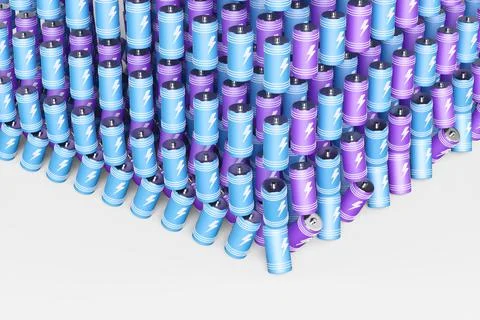 Large group of batteries on a white background. 3d render illustration. 스톡 일러스트