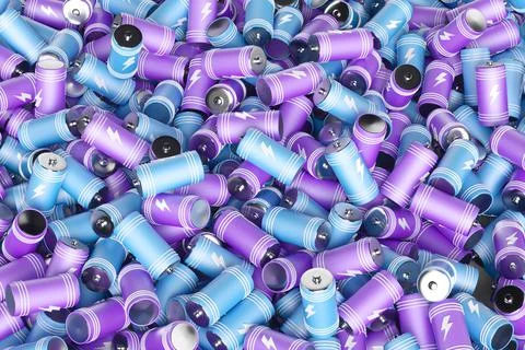 Large group of batteries on a white background. 3d render illustration. Stock Illustration