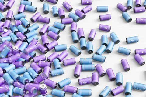 Large group of batteries on a white background. 3d render illustration. Stock Illustration
