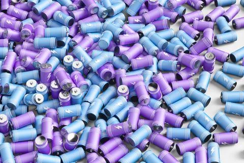 Large group of batteries on a white background. 3d render illustration. Stock Illustration