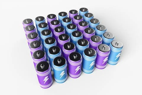 Large group of batteries on a white background. 3d render illustration. 스톡 일러스트