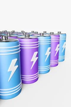 Large group of batteries on a white background. 3d render illustration. Stock Illustration