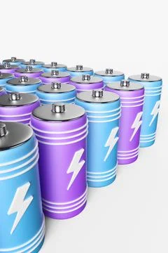 Large group of batteries on a white background. 3d render illustration. 스톡 일러스트