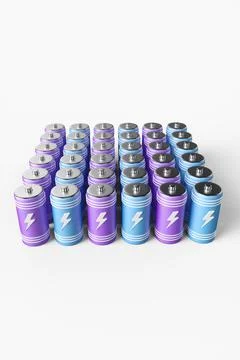 Large group of batteries on a white background. 3d render illustration. Stock Illustration