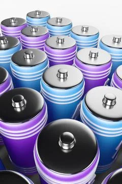 Large group of batteries on a white background. 3d render illustration. 스톡 일러스트