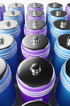 Large group of batteries on a white background. 3d render illustration. Stock Illustration