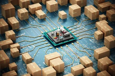 Large group of cardboard boxes connected to microchip. 3D illustration 스톡 일러스트