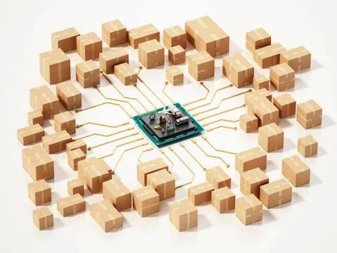 Large group of cardboard boxes connected to microchip. 3D illustration 스톡 일러스트