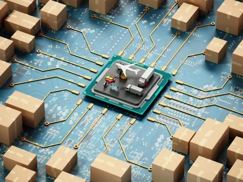 Large group of cardboard boxes connected to microchip. 3D illustration Stock Illustration
