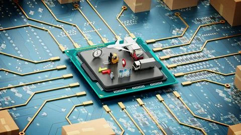 Large group of cardboard boxes connected to microchip. 3D illustration 스톡 일러스트