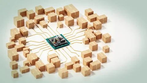 Large group of cardboard boxes connected to microchip. 3D illustration イラスト素材