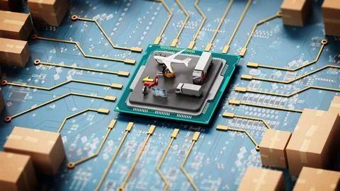 Large group of cardboard boxes connected to microchip. 3D illustration Illustrazione stock