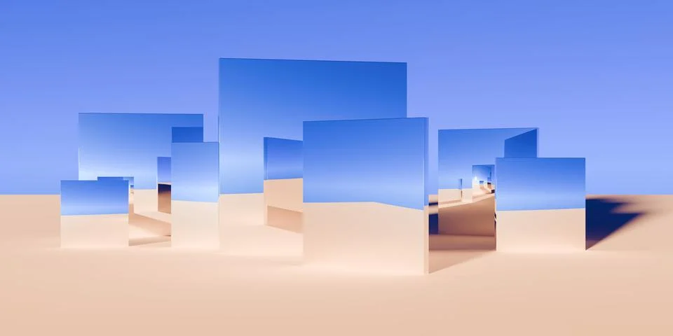 Large group of chrome retro boxes or monolith objects in surreal abstract d.. Stock Illustration