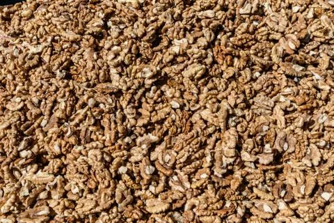 Large group of fresh walnut kernels sold at a spice food market, organic food Stock Photos