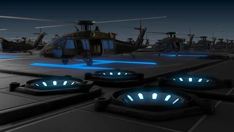 Large group of helicopters. 3d rendering Stock Illustration