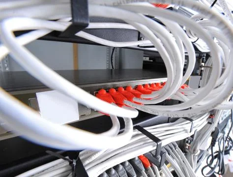 Large group of internet cabling in the data center Stock Photos