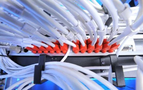 Large group of internet cabling in the data center Stock Photos