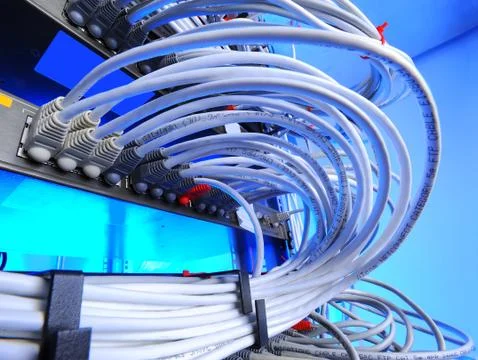 Large group of internet cabling in the data center Stock Photos