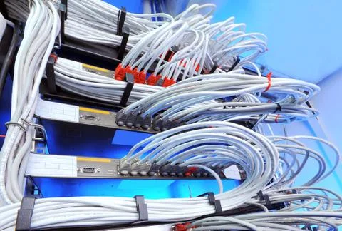 Large group of internet cabling in the data center Stock Photos