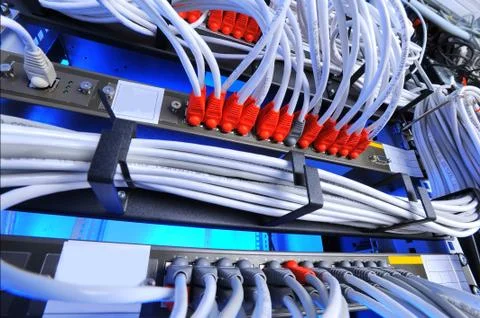 Large group of internet cabling in the data center Stock Photos