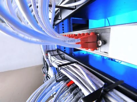 Large group of internet cabling in the data center Stock Photos