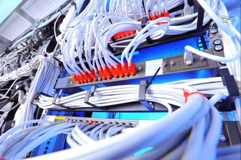 Large group of internet cabling in the data center Stock Photos