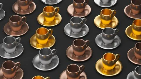 Large group of metallic coffee cups, 3d illustration Illustrazione stock