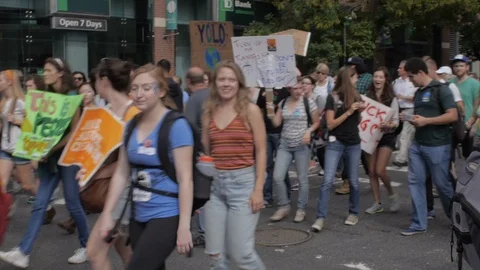 Large group of mostly young people demonstrating to stop climate change in NYC Stock Footage 87787455