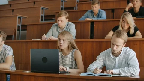 Large Group of Multi Ethnic Students Working on the Laptops while Listening to a Video stock 116183330