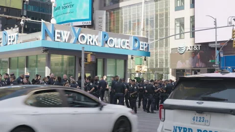 Large Group of NYPD Gathered at Times Square Police Department During Morning Stock Footage 341116646